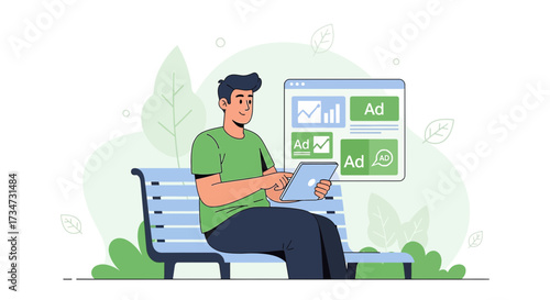 Young man on park bench managing digital advertisements on his tablet display