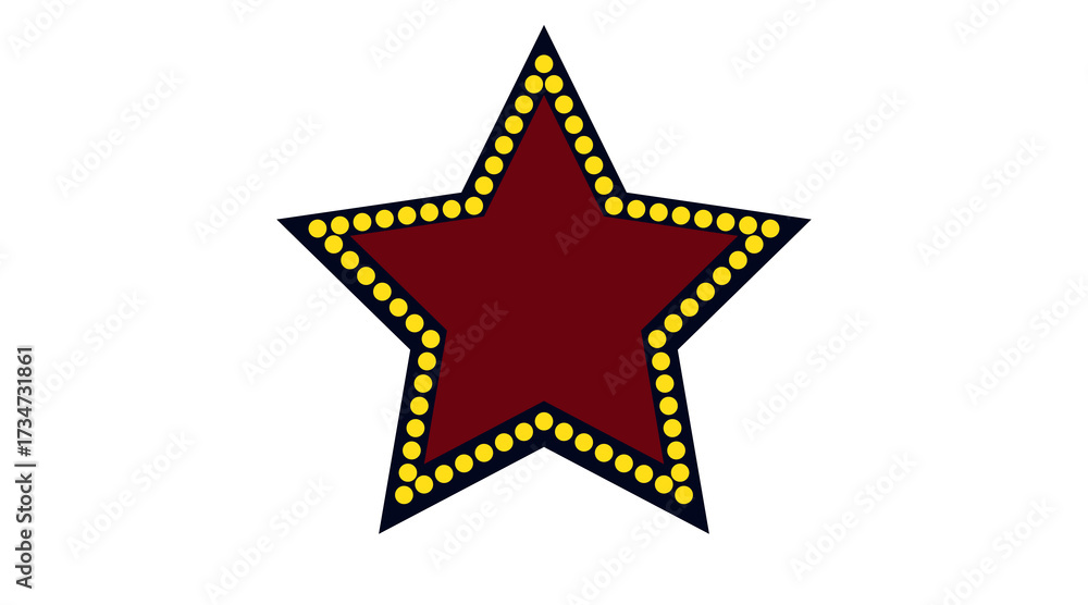 Obraz premium Maroon star outlined with glowing yellow bulbs radiates against a stark black backdrop.