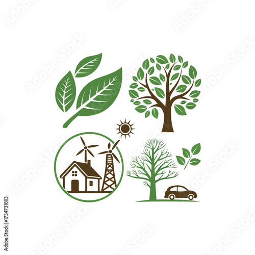 Eco friendly sustainable living concept with green energy and environment icons