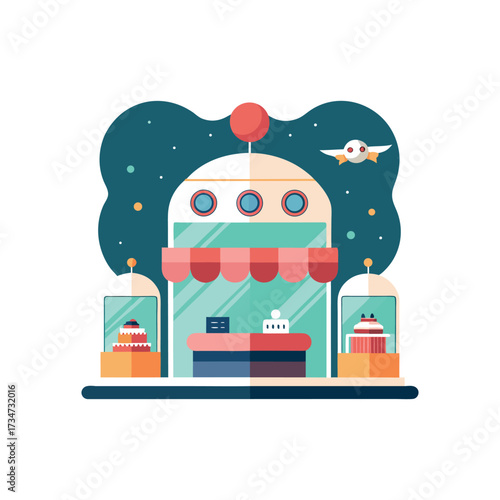 Futuristic Cake Shop Illustration with Spaceship in the Starry Night