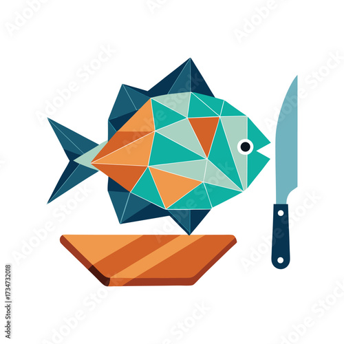 Geometric fish illustration with knife and cutting board seafood preparation