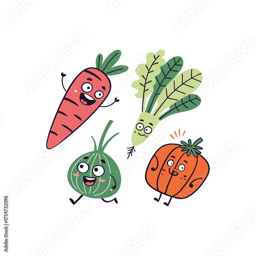 Happy Vegetables Cartoon Characters Isolated on White Background Cute Illustration