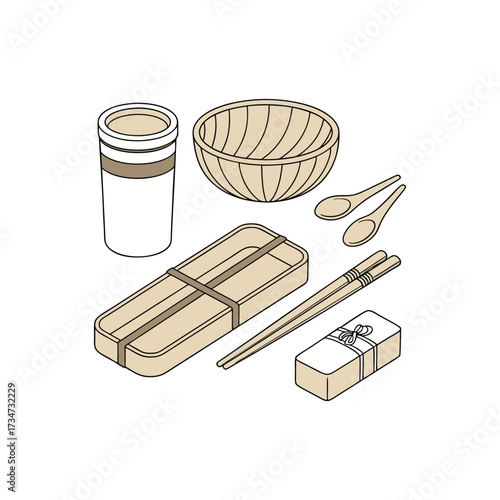 Isolated Japanese lunch box set with bowl chopsticks and containers vector