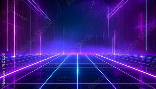 Abstract futuristic digital landscape with glowing neon grid lines and beams of light