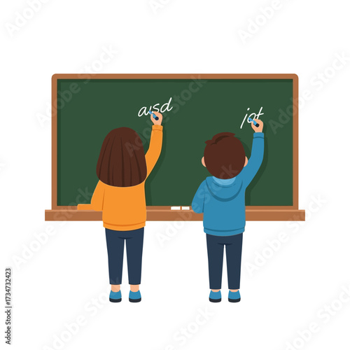 Two children writing on a green chalkboard in a classroom setting.