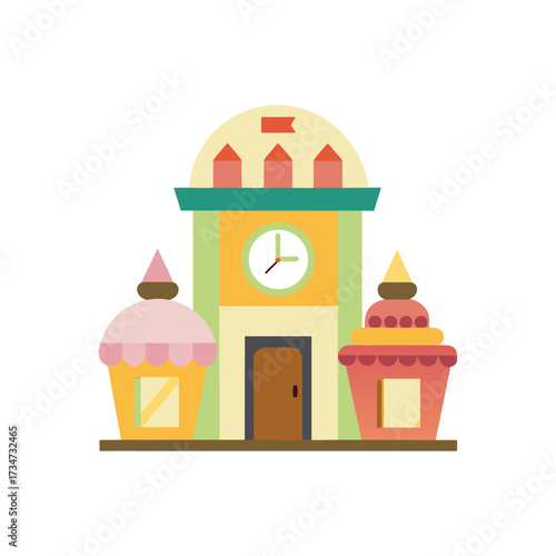 Quirky building with clock and colorful dessert shaped constructions illustration