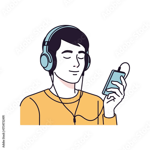 Man listening to music with headphones and a mobile phone.