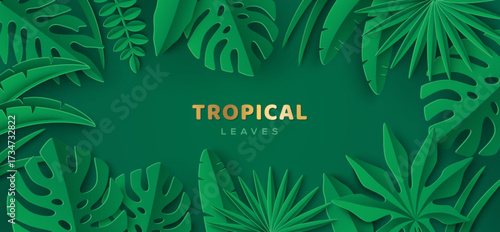 Tropical Leaves Frame Banner. Spring Summer Sale Poster. Green Jungle Border, Hawaiian vacation flyer. Vector illustration. Palm paper cut ecology design. Goa plant garden. Brazil tropic leaf backdrop