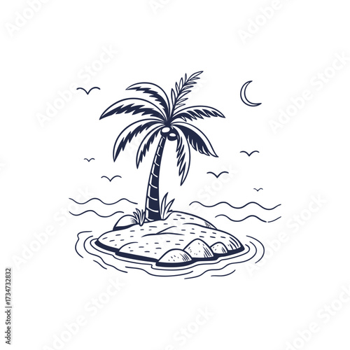 Tropical island with palm tree birds and moon line art design