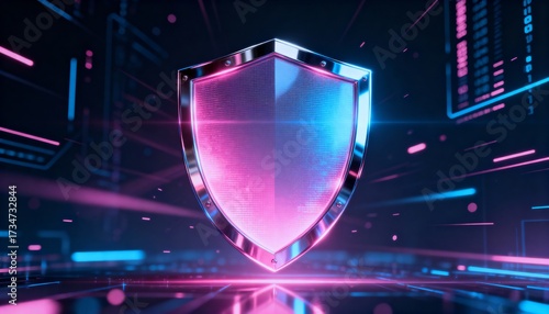 Futuristic chrome shield hologram with pink and blue cyber glow, data protection, dark digital cyberspace