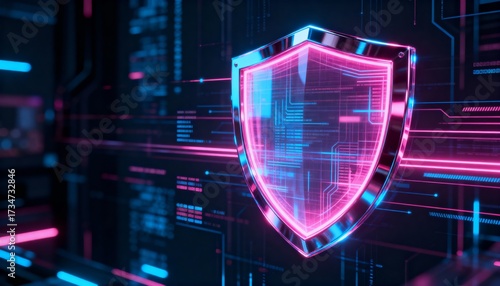 Futuristic chrome shield hologram with pink and blue cyber glow, data protection, dark digital cyberspace