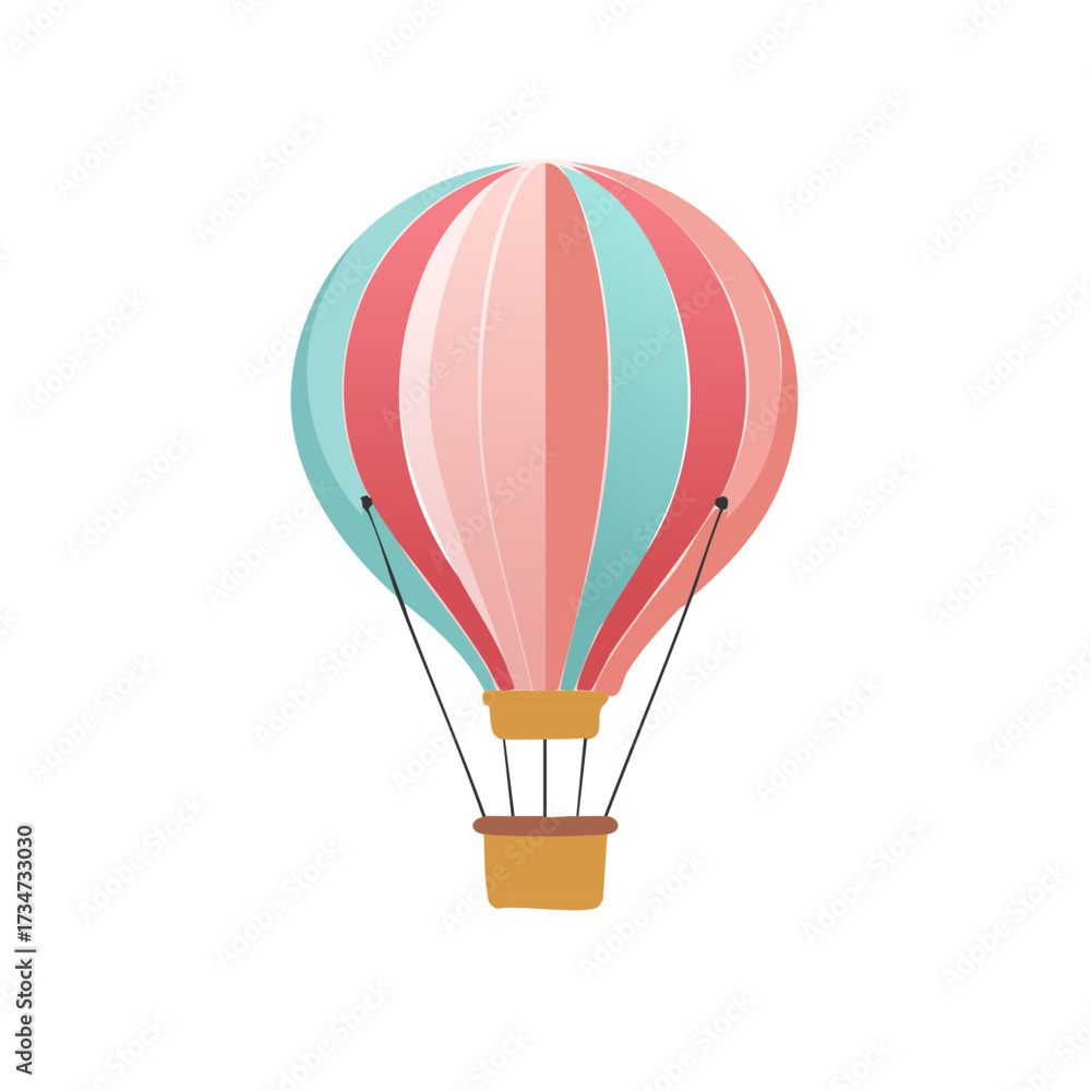 Fototapeta premium Colorful striped hot air balloon illustration with pink and blue colors for adventure travel and celebration