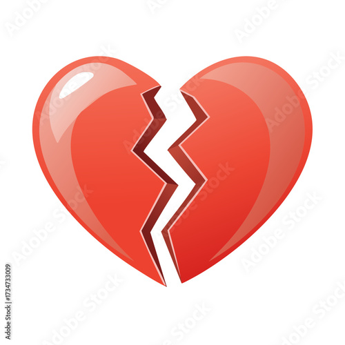 Glossy red broken heart symbol with a jagged crack down the middle
