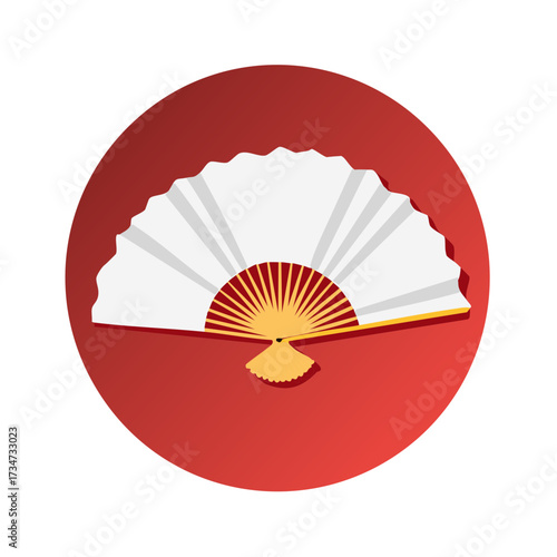 Open white paper fan with red and gold details on a red circular background