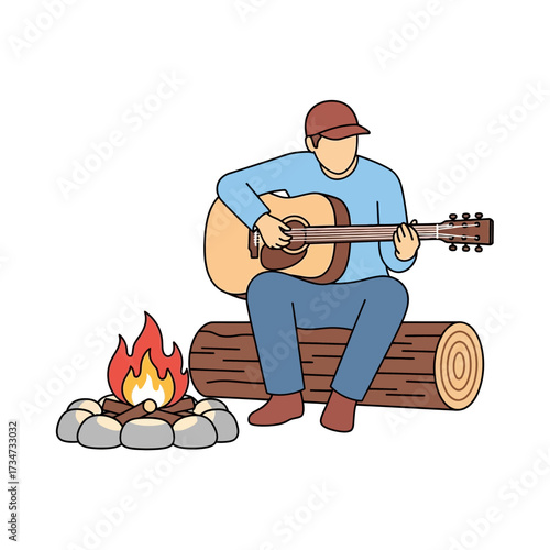 A man wearing a cap plays an acoustic guitar while sitting on a log next to a campfire.