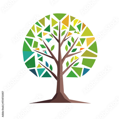 Abstract Geometric Tree Illustration with Triangular Leaf Shapes in Green and Yellow