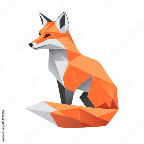 Geometric fox illustration in shades of orange and gray sitting alertly animal artwork
