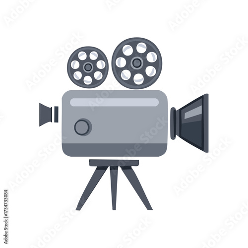 Cartoon illustration of vintage film camera on a tripod, showing old film reels