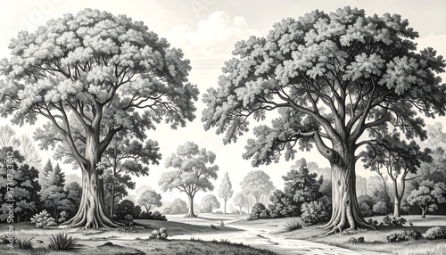 A tranquil grayscale landscape painting depicts a serene forest scene with towering trees and a winding path.
