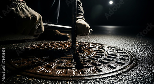 Close-up of worker's gloved hands operating a tool on a sewer manhole cover in darkness