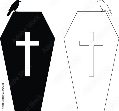 Two coffins one black and one white outline with crows silhouette