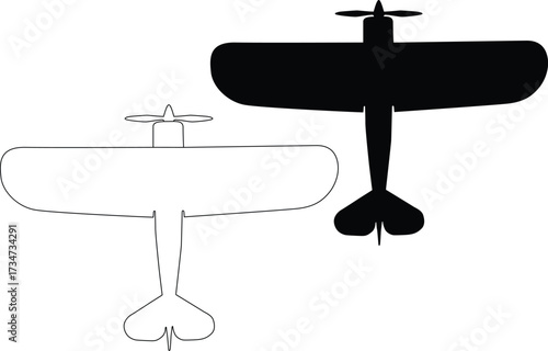 Two vintage biplane airplanes in silhouette flying against a white background silhouette