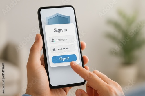 Person holding smartphone and pressing secure login form with username and password authentication fields protected by shield icon
