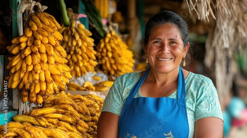 A smiling woman in a blue apron stands in front of a table piled high with yellow bananas. She is selling fruit at an outdoor market