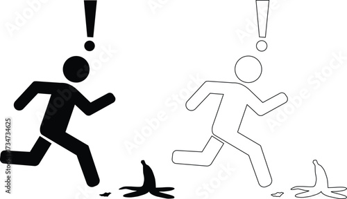 Two figures in silhouette running away from a banana peel hazard silhouette