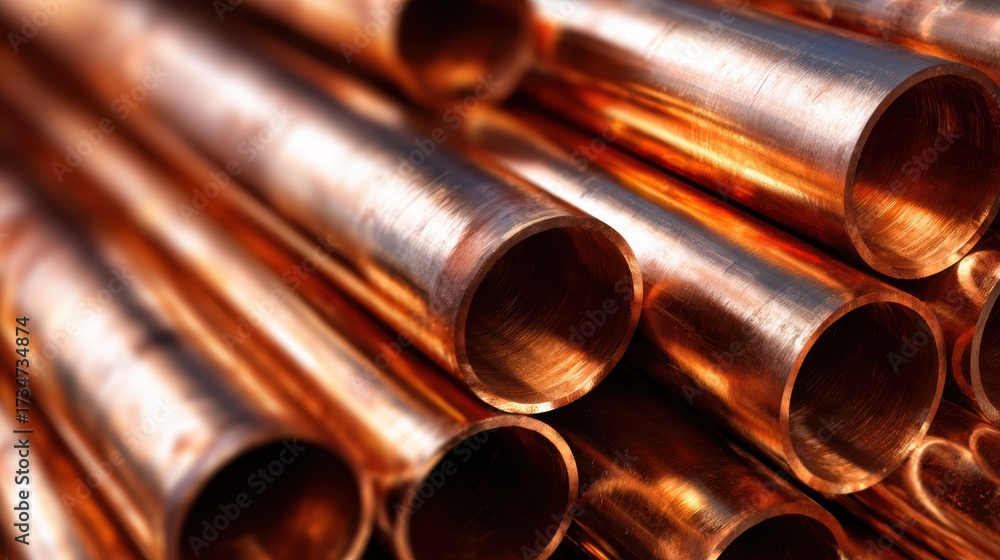 Naklejka premium An artistic display of copper tubes arranged closely together, showcasing their smooth, reflective surfaces that emit a warm glow and industrial elegance.
