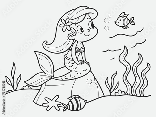 Cute mermaid sitting on rock with seashells outlined fantasy coloring design