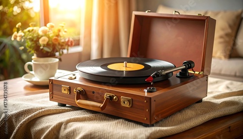 Record Player on Table with Coffee Cup and Flowers in Warm Morning Light
