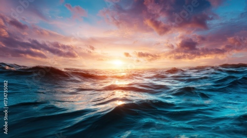 An enchanting view of sunset colors reflected on ocean waves, where rich hues play across the sky and water, transporting viewers to a tranquil and beautiful horizon of serenity.