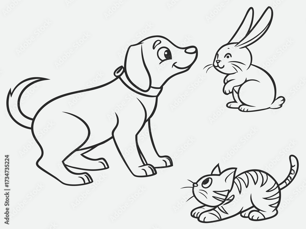 Obraz premium Cute pets including dog, cat, and rabbit outlined black and white coloring sheet