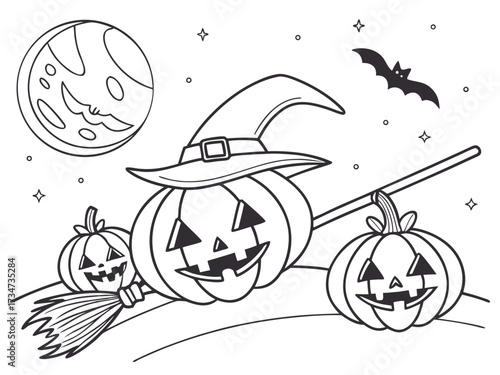 Halloween pumpkins, witch hat, and bats outlined festive coloring illustration