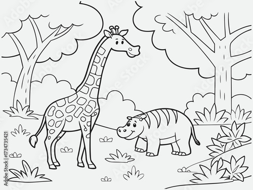 Cartoon jungle safari with giraffe, zebra, and hippo outlined coloring sheet