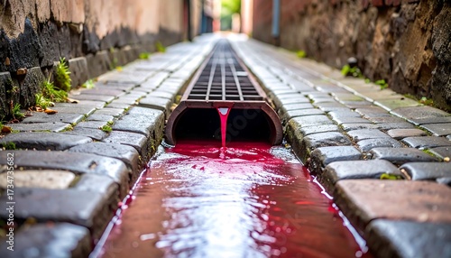 Red Liquid Flowing From Drainage in Alleyway Between Brick Walls