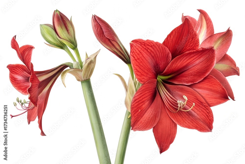 Naklejka premium Realistic Watercolor Red Amaryllis Flowers and Buds on White Background red flowers
