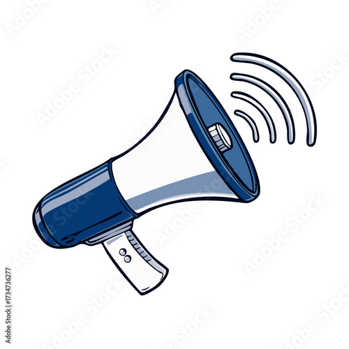 Hand drawn blue megaphone illustration with sound waves making a loud announcement