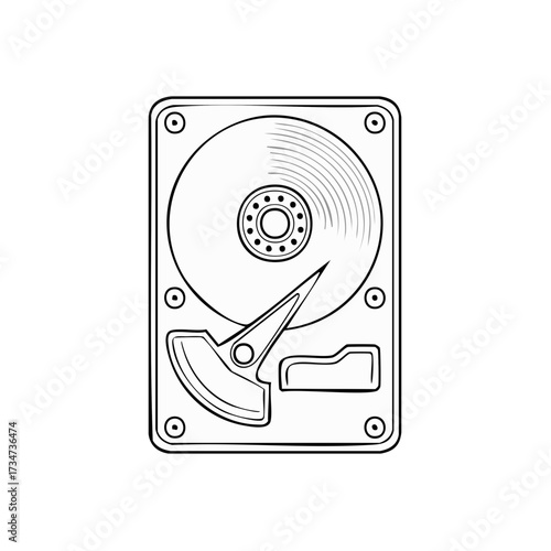 Detailed black and white illustration of a computer hard disk drive showing internal components.