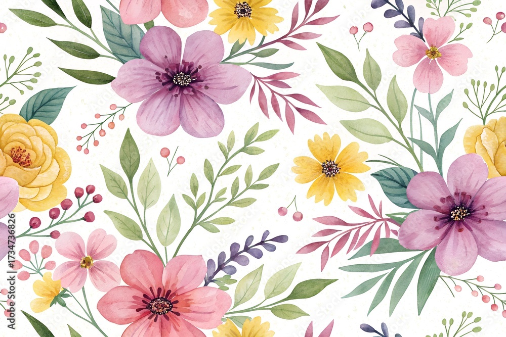Fototapeta premium Watercolor Floral Pattern with Pink Purple and Yellow Flowers and Green Leaves stock photo