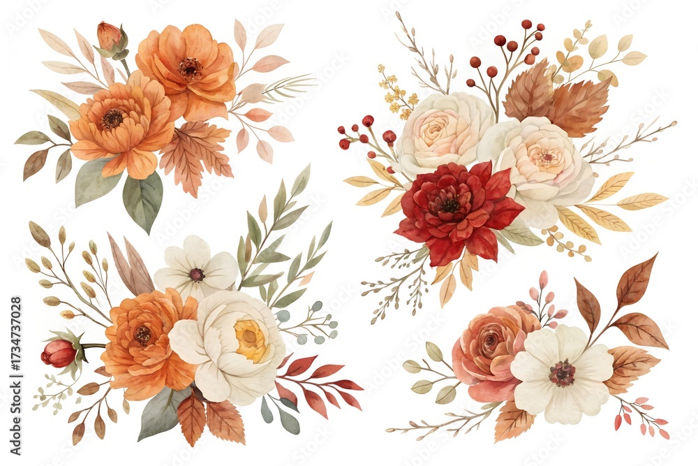 Obraz premium Autumn floral arrangements with orange and red flowers and leaves fall watercolor