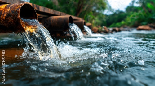 Wallpaper Mural Fresh, clear water flows from rusty pipes into a serene stream, highlighting the contrast between nature's beauty and human-made structures, embodying life's complex relationship. Torontodigital.ca