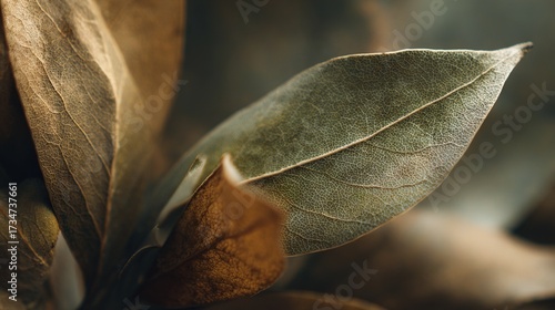   A close-up green leaf against a brown and white background, featuring a blurred image of leaves behind
