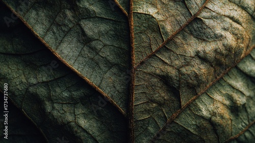   A macroscopic image of a leaf's textured foliage, exhibiting distorted browning