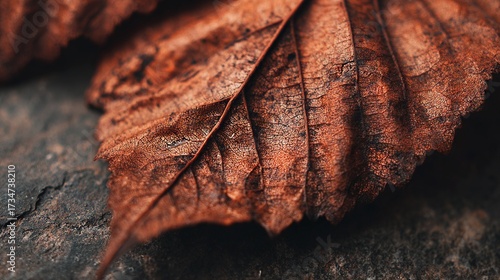   A close-up image of a brown leaf resting on a rock, with droplets of water perched on its surface