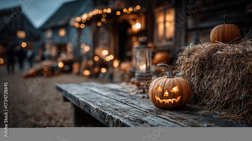   A few pumpkins rest atop a wooden bench alongside a bale of hay