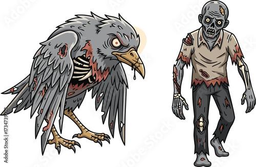 Zombie bird, undead human, creepy monster, horror fantasy, scary artwork, spooky illustration, Halloween theme, eerie creature, nightmare design, dark cartoon