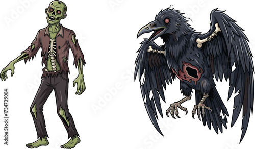 Zombie character, skeletal bird, undead monster, creepy raven, horror fantasy, scary artwork, spooky illustration, Halloween theme, eerie creature, nightmare design