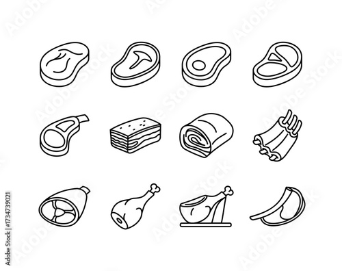 Meat Cuts Deli Products Vector Icon Set